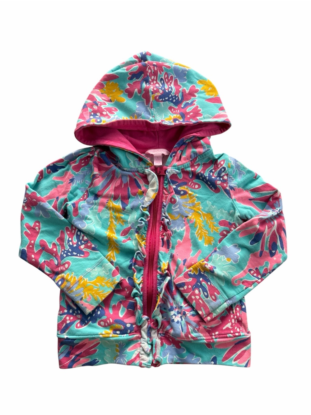Lilly Pulitzer Girls Size S (4-5) Floral Ruffle Full Zip Hoodie Sweatshirt